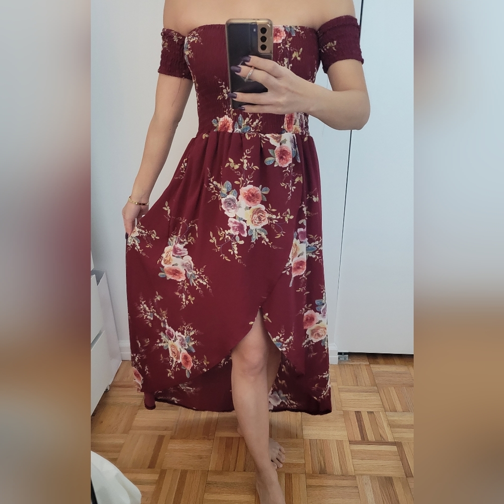 Off the shoulder red maxi dress
